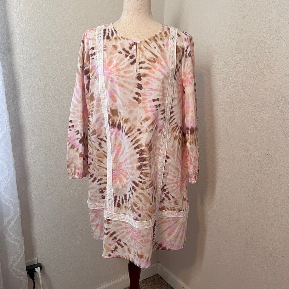 Lands End Womens Dress Coverup Size L/P Pastel Tie Dye Long Sleeve Cotton